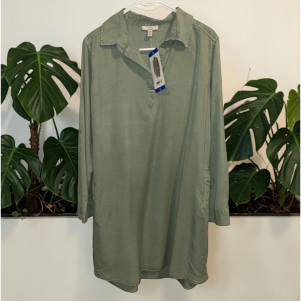 Women's Como Vintage Olive Shirt Dress Size L Long Sleeve Tunic Dress